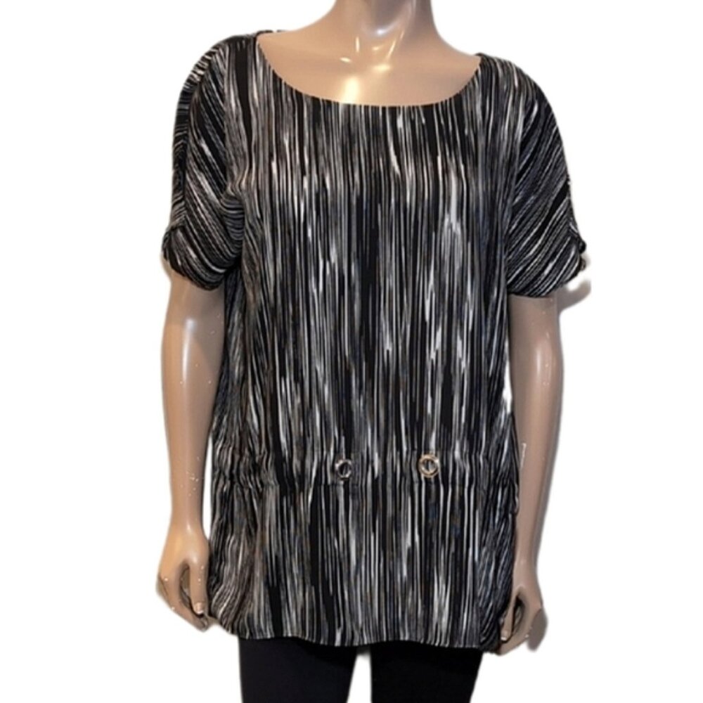 Calvin Klein Striped Tunic Top Short Slit Sleeve Flowy Black Blouse Size Large